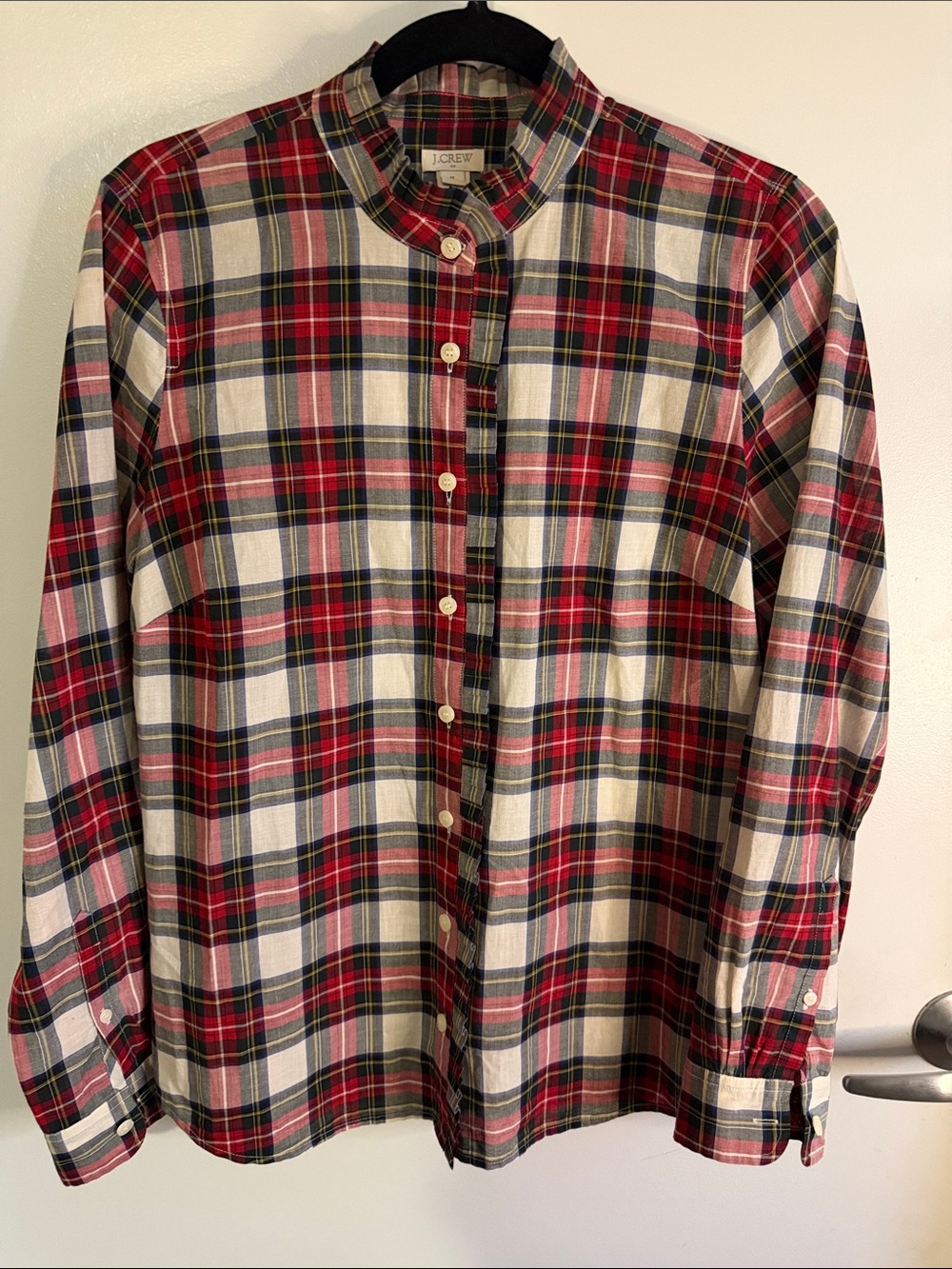 J. Crew Red, White and Blue Plaid Button-Down Shirt w/Ruffle Detail Sz M